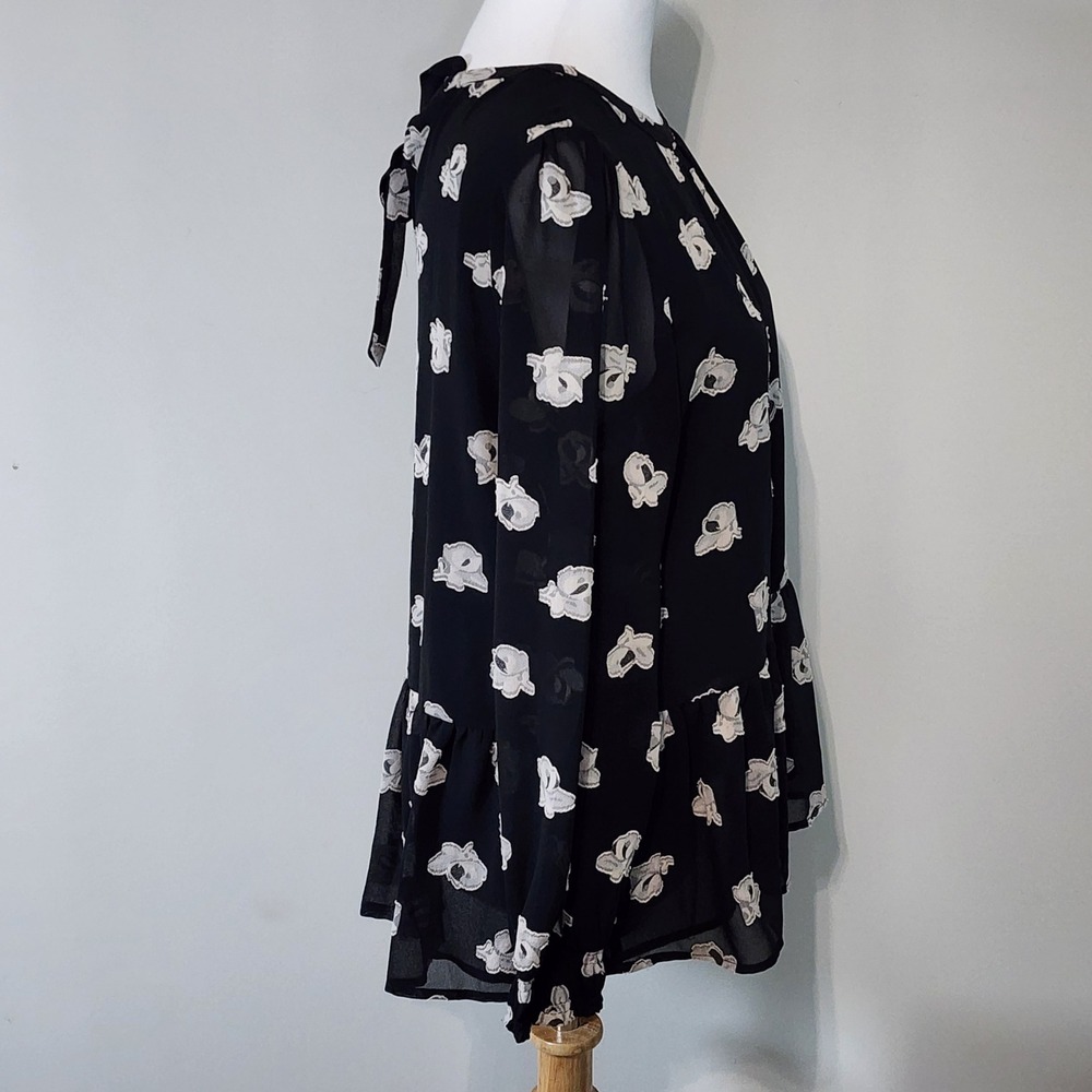 Loft‎ Floral Peplum Blouse Womens Medium Petite MP Black Sheer Layer Long Sleeve - Picture 3 of 15